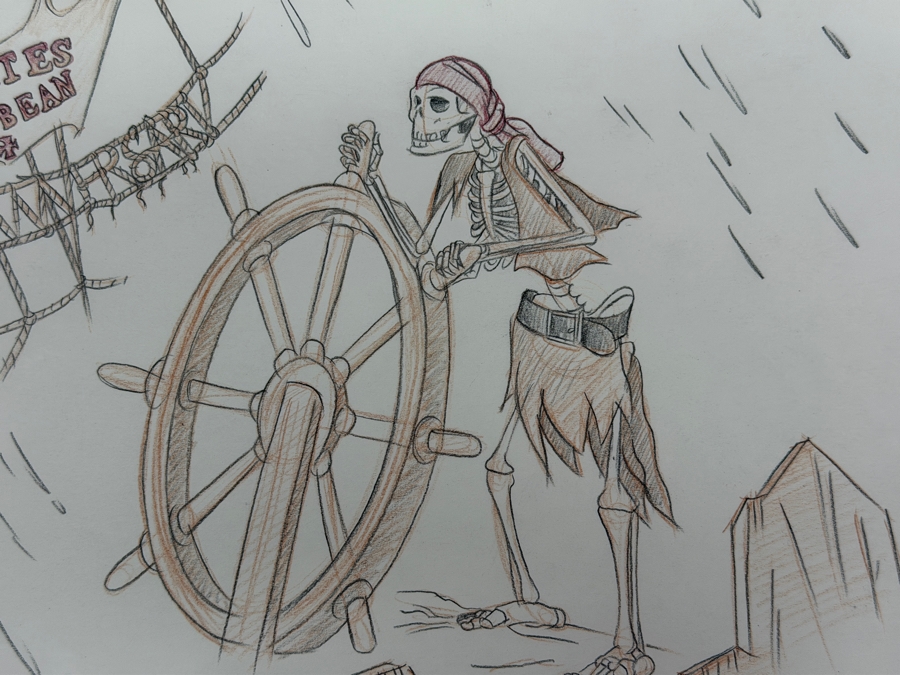 Andrew Caulfield Signed 2017 D23 Expo Concept Art Sketch Of The Skeleton Helmsman From Disney’s Pirates Of The Caribbean Attraction, Celebrating The Ride's 50th Anniversary 13'W X 10.5'H
 [Photo 7]