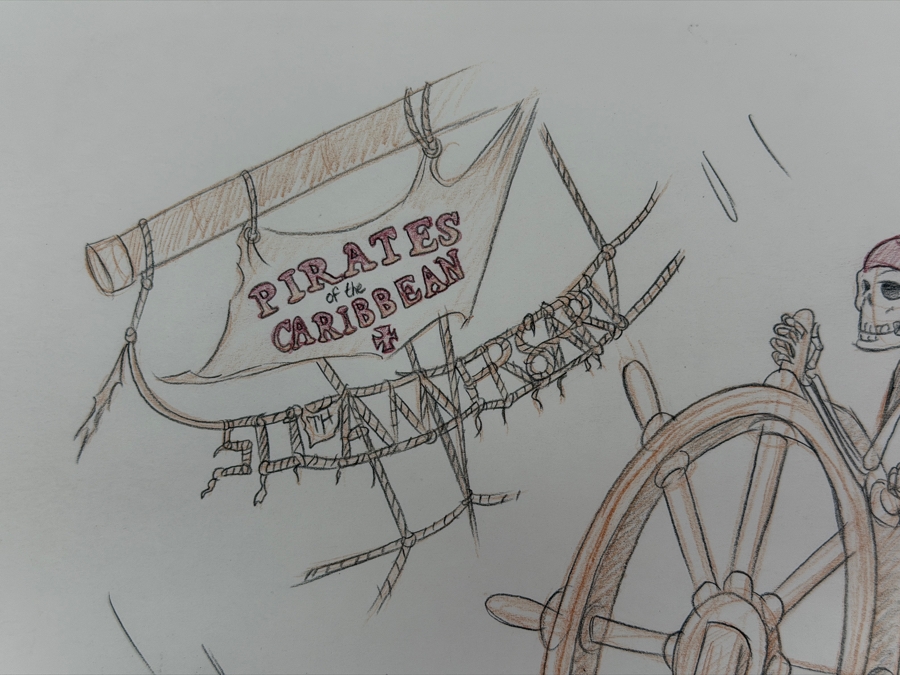 Andrew Caulfield Signed 2017 D23 Expo Concept Art Sketch Of The Skeleton Helmsman From Disney’s Pirates Of The Caribbean Attraction, Celebrating The Ride's 50th Anniversary 13'W X 10.5'H
 [Photo 8]