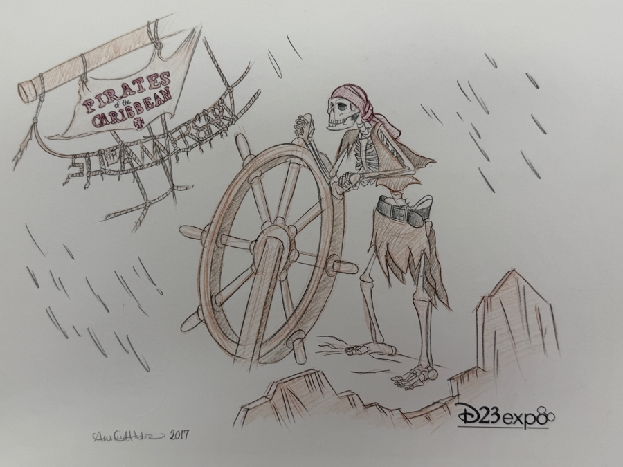 Andrew Caulfield Signed 2017 D23 Expo Concept Art Sketch Of The Skeleton Helmsman From Disney’s Pirates Of The Caribbean Attraction, Celebrating The Ride's 50th Anniversary 13'W X 10.5'H
 [Photo 2]