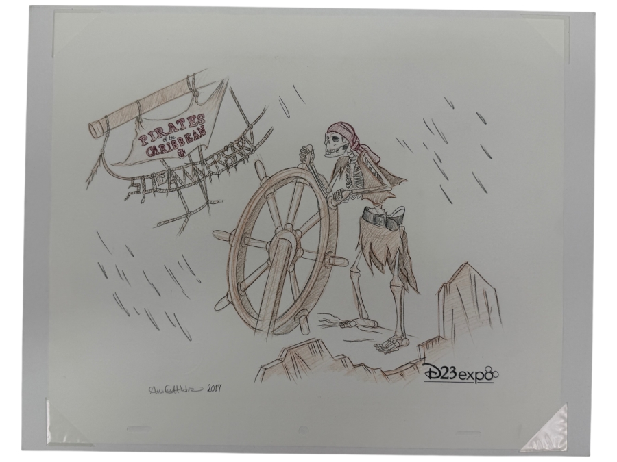 Andrew Caulfield Signed 2017 D23 Expo Concept Art Sketch Of The Skeleton Helmsman From Disney’s Pirates Of The Caribbean Attraction, Celebrating The Ride's 50th Anniversary 13'W X 10.5'H
