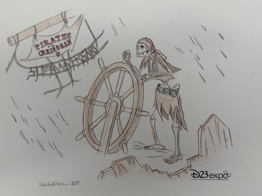 Andrew Caulfield Signed 2017 D23 Expo Concept Art Sketch Of The Skeleton Helmsman From Disney’s Pirates Of The Caribbean Attraction, Celebrating The Ride's 50th Anniversary 13'W X 10.5'H
 [Photo 3]