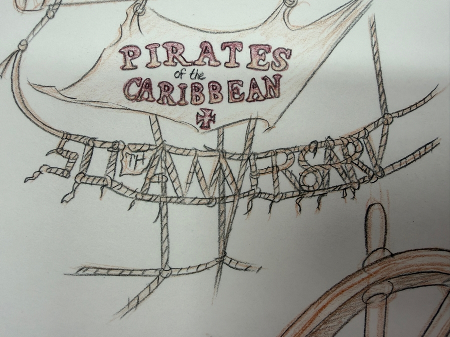 Andrew Caulfield Signed 2017 D23 Expo Concept Art Sketch Of The Skeleton Helmsman From Disney’s Pirates Of The Caribbean Attraction, Celebrating The Ride's 50th Anniversary 13'W X 10.5'H
 [Photo 11]