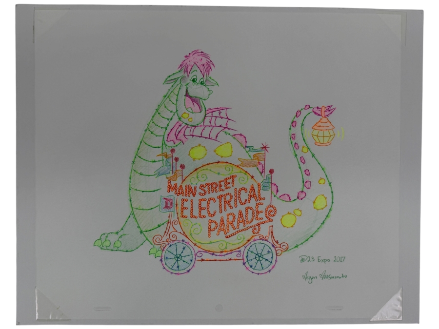 Megan Matsumoto Signed 2017 D23 Expo Hand-Drawn Illustration Of Elliott The Dragon From Disneyland’s Main Street Electrical Parade, Celebrating The Parade's 45th Anniversary 13'W X 10.5'H
