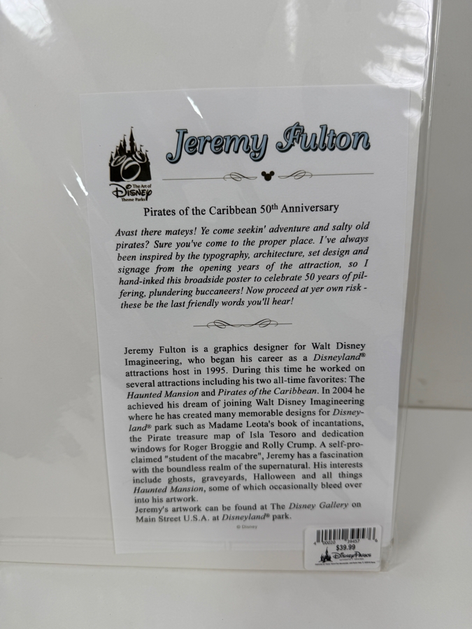 Jeremy Fulton Signed 2017 D23 Expo Exclusive Disneyland Pirates Of The Caribbean 50th Anniversary Commemorative Broadside Giclee Print 7.5'W X 13.5'H [Photo 5]