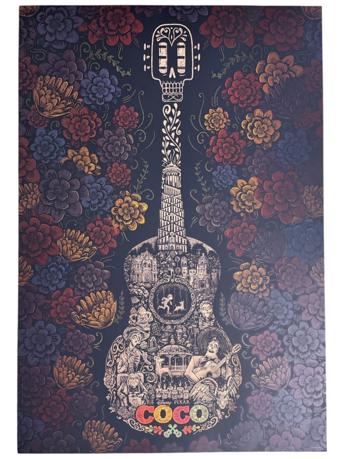 Disney Pixar Coco 2017 D23 Expo Exclusive Promotional Guitar And Marigold Floral Lithograph Poster 18.5'W X 27'H