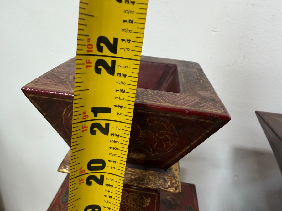 Just Added - HUGE Chinese Five-Piece Altar Garniture Set In Red Lacquered Wood With Hand-Painted Gilt Dragon And Phoenix Motifs Featuring A Central Censer Matching Flared Vases And Tiered Candle Holders 12'W X 12'D X 18'-21.5'H [Photo 19]