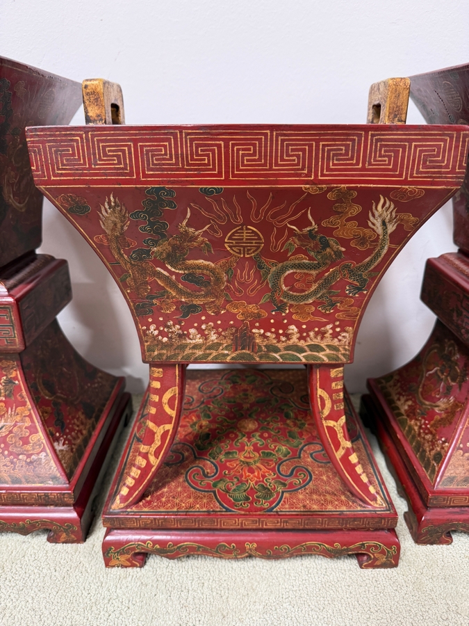 Just Added - HUGE Chinese Five-Piece Altar Garniture Set In Red Lacquered Wood With Hand-Painted Gilt Dragon And Phoenix Motifs Featuring A Central Censer Matching Flared Vases And Tiered Candle Holders 12'W X 12'D X 18'-21.5'H [Photo 2]
