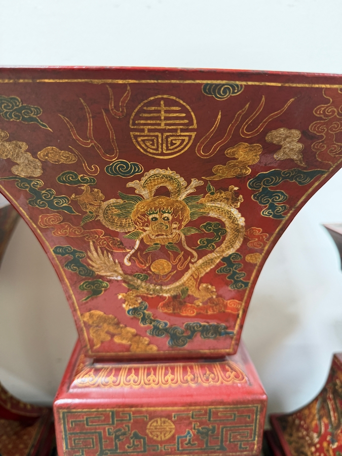 Just Added - HUGE Chinese Five-Piece Altar Garniture Set In Red Lacquered Wood With Hand-Painted Gilt Dragon And Phoenix Motifs Featuring A Central Censer Matching Flared Vases And Tiered Candle Holders 12'W X 12'D X 18'-21.5'H [Photo 6]