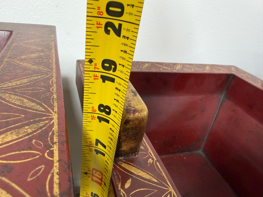 Just Added - HUGE Chinese Five-Piece Altar Garniture Set In Red Lacquered Wood With Hand-Painted Gilt Dragon And Phoenix Motifs Featuring A Central Censer Matching Flared Vases And Tiered Candle Holders 12'W X 12'D X 18'-21.5'H [Photo 15]