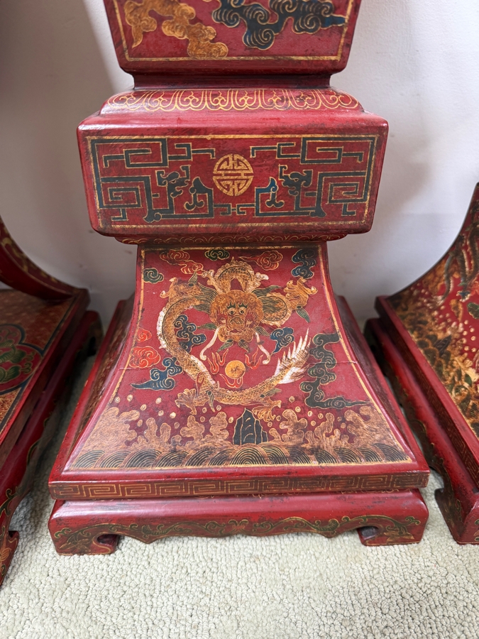Just Added - HUGE Chinese Five-Piece Altar Garniture Set In Red Lacquered Wood With Hand-Painted Gilt Dragon And Phoenix Motifs Featuring A Central Censer Matching Flared Vases And Tiered Candle Holders 12'W X 12'D X 18'-21.5'H [Photo 7]