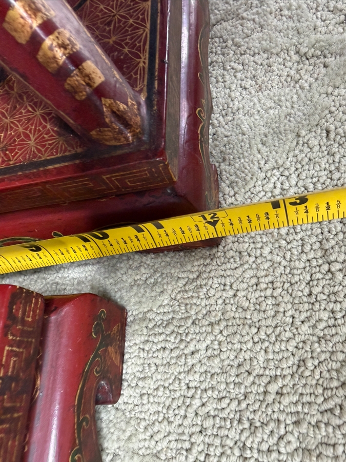 Just Added - HUGE Chinese Five-Piece Altar Garniture Set In Red Lacquered Wood With Hand-Painted Gilt Dragon And Phoenix Motifs Featuring A Central Censer Matching Flared Vases And Tiered Candle Holders 12'W X 12'D X 18'-21.5'H [Photo 17]