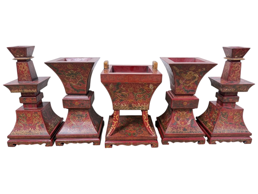 Just Added - HUGE Chinese Five-Piece Altar Garniture Set In Red Lacquered Wood With Hand-Painted Gilt Dragon And Phoenix Motifs Featuring A Central Censer Matching Flared Vases And Tiered Candle Holders 12'W X 12'D X 18'-21.5'H