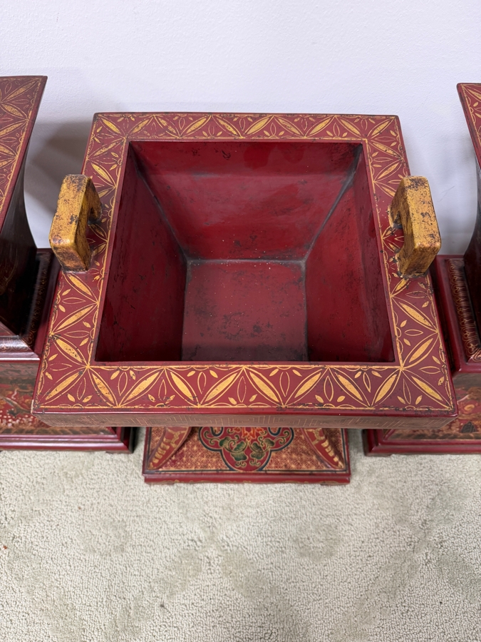 Just Added - HUGE Chinese Five-Piece Altar Garniture Set In Red Lacquered Wood With Hand-Painted Gilt Dragon And Phoenix Motifs Featuring A Central Censer Matching Flared Vases And Tiered Candle Holders 12'W X 12'D X 18'-21.5'H [Photo 14]