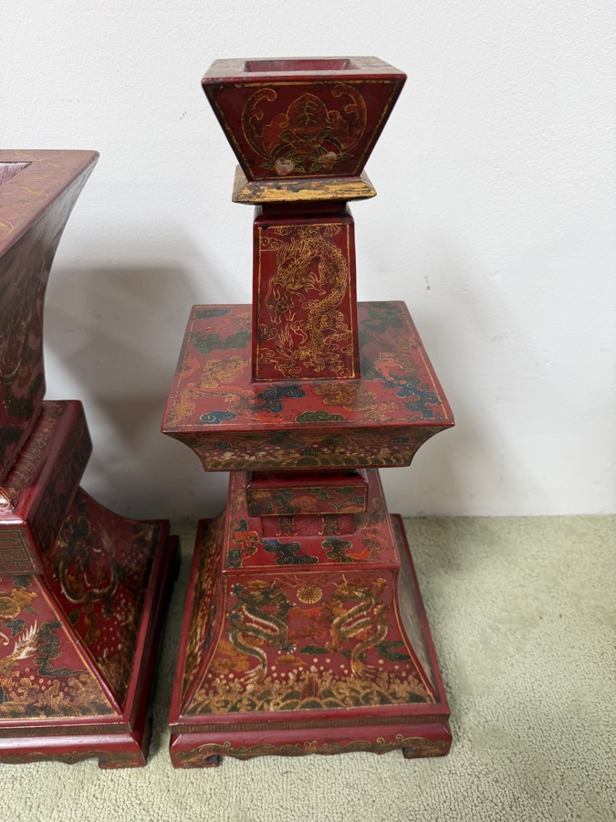 Just Added - HUGE Chinese Five-Piece Altar Garniture Set In Red Lacquered Wood With Hand-Painted Gilt Dragon And Phoenix Motifs Featuring A Central Censer Matching Flared Vases And Tiered Candle Holders 12'W X 12'D X 18'-21.5'H [Photo 8]