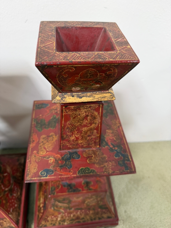 Just Added - HUGE Chinese Five-Piece Altar Garniture Set In Red Lacquered Wood With Hand-Painted Gilt Dragon And Phoenix Motifs Featuring A Central Censer Matching Flared Vases And Tiered Candle Holders 12'W X 12'D X 18'-21.5'H [Photo 12]