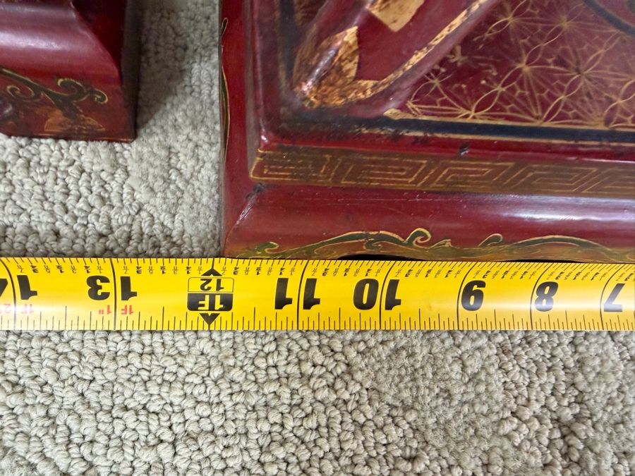 Just Added - HUGE Chinese Five-Piece Altar Garniture Set In Red Lacquered Wood With Hand-Painted Gilt Dragon And Phoenix Motifs Featuring A Central Censer Matching Flared Vases And Tiered Candle Holders 12'W X 12'D X 18'-21.5'H [Photo 16]