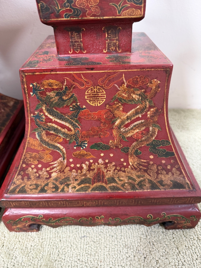 Just Added - HUGE Chinese Five-Piece Altar Garniture Set In Red Lacquered Wood With Hand-Painted Gilt Dragon And Phoenix Motifs Featuring A Central Censer Matching Flared Vases And Tiered Candle Holders 12'W X 12'D X 18'-21.5'H [Photo 9]