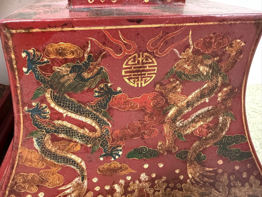 Just Added - HUGE Chinese Five-Piece Altar Garniture Set In Red Lacquered Wood With Hand-Painted Gilt Dragon And Phoenix Motifs Featuring A Central Censer Matching Flared Vases And Tiered Candle Holders 12'W X 12'D X 18'-21.5'H [Photo 10]