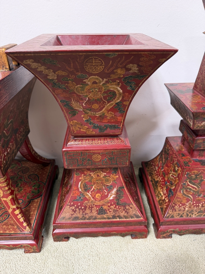 Just Added - HUGE Chinese Five-Piece Altar Garniture Set In Red Lacquered Wood With Hand-Painted Gilt Dragon And Phoenix Motifs Featuring A Central Censer Matching Flared Vases And Tiered Candle Holders 12'W X 12'D X 18'-21.5'H [Photo 5]