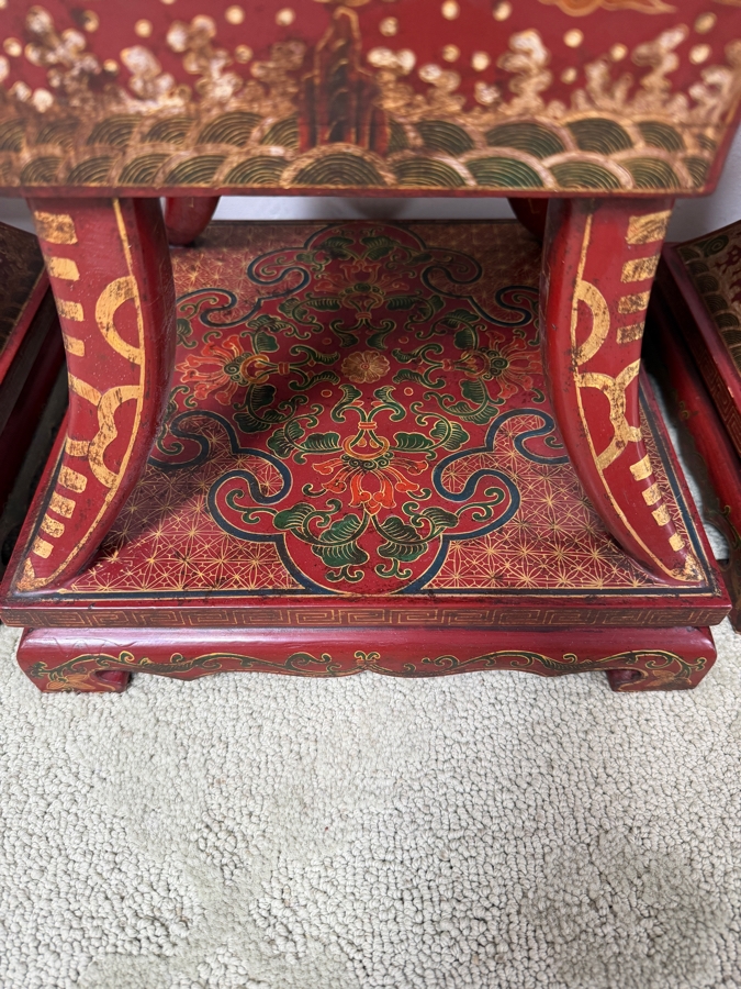 Just Added - HUGE Chinese Five-Piece Altar Garniture Set In Red Lacquered Wood With Hand-Painted Gilt Dragon And Phoenix Motifs Featuring A Central Censer Matching Flared Vases And Tiered Candle Holders 12'W X 12'D X 18'-21.5'H [Photo 4]