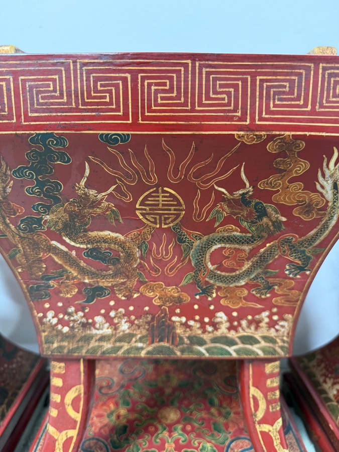Just Added - HUGE Chinese Five-Piece Altar Garniture Set In Red Lacquered Wood With Hand-Painted Gilt Dragon And Phoenix Motifs Featuring A Central Censer Matching Flared Vases And Tiered Candle Holders 12'W X 12'D X 18'-21.5'H [Photo 3]
