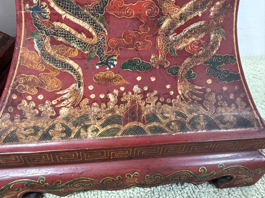 Just Added - HUGE Chinese Five-Piece Altar Garniture Set In Red Lacquered Wood With Hand-Painted Gilt Dragon And Phoenix Motifs Featuring A Central Censer Matching Flared Vases And Tiered Candle Holders 12'W X 12'D X 18'-21.5'H [Photo 11]