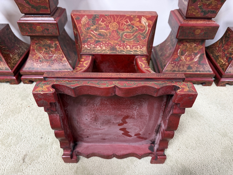 Just Added - HUGE Chinese Five-Piece Altar Garniture Set In Red Lacquered Wood With Hand-Painted Gilt Dragon And Phoenix Motifs Featuring A Central Censer Matching Flared Vases And Tiered Candle Holders 12'W X 12'D X 18'-21.5'H [Photo 13]