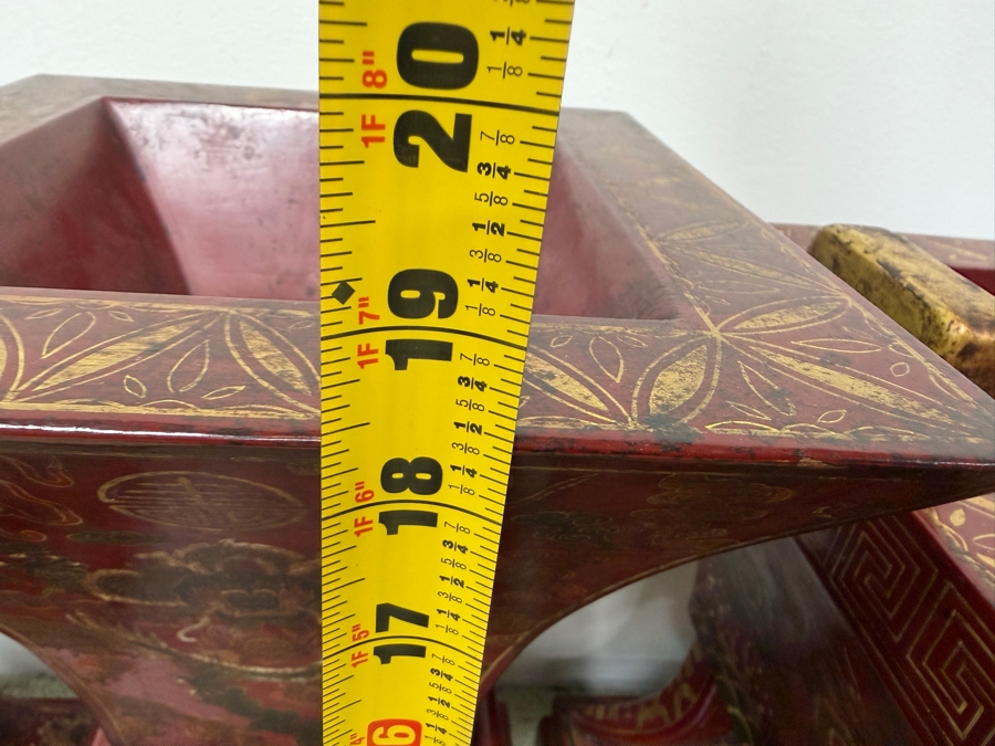 Just Added - HUGE Chinese Five-Piece Altar Garniture Set In Red Lacquered Wood With Hand-Painted Gilt Dragon And Phoenix Motifs Featuring A Central Censer Matching Flared Vases And Tiered Candle Holders 12'W X 12'D X 18'-21.5'H [Photo 18]