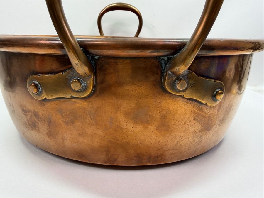 Just Added - Antique 15-Inch Large Solid Copper Jam Preserving Pan With Twin Riveted Brass Handles And Rolled Rim 15'W X 5'H [Photo 5]