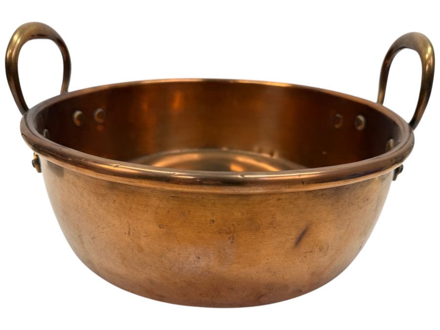 Just Added - Antique 15-Inch Large Solid Copper Jam Preserving Pan With Twin Riveted Brass Handles And Rolled Rim 15'W X 5'H