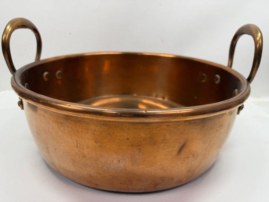 Just Added - Antique 15-Inch Large Solid Copper Jam Preserving Pan With Twin Riveted Brass Handles And Rolled Rim 15'W X 5'H [Photo 2]