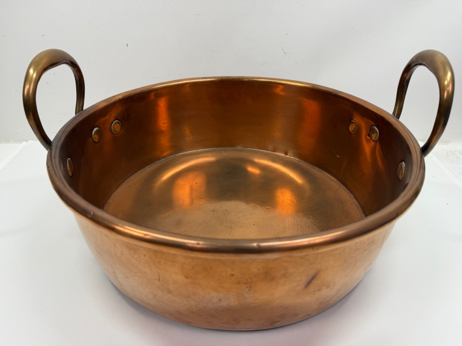 Just Added - Antique 15-Inch Large Solid Copper Jam Preserving Pan With Twin Riveted Brass Handles And Rolled Rim 15'W X 5'H [Photo 3]