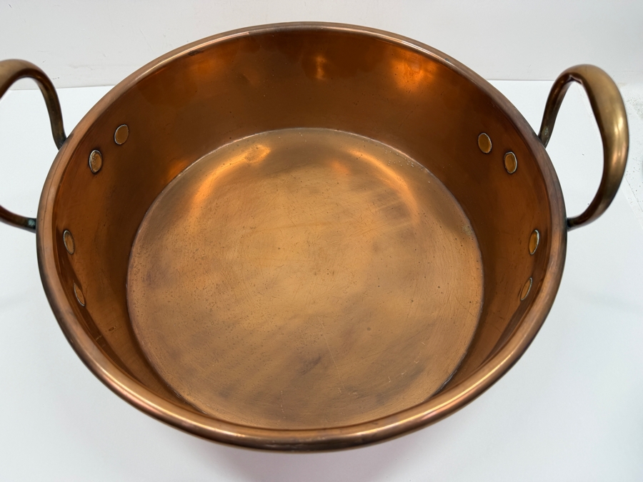 Just Added - Antique 15-Inch Large Solid Copper Jam Preserving Pan With Twin Riveted Brass Handles And Rolled Rim 15'W X 5'H [Photo 6]