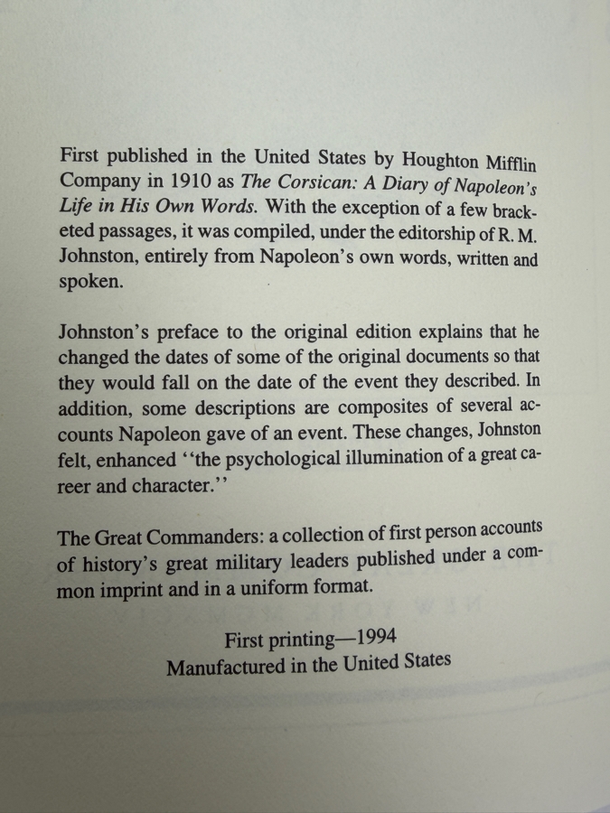 Just Added - Napoleon: The Diaries (The Great Commanders Series) Hardcover Book By Napoleon Bonaparte First Printing 1994 Collectors Reprints [Photo 3]