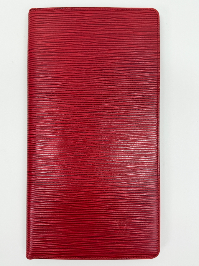 Just Added - Louis Vuitton Castilian Red Epi Leather Desk Agenda Cover Featuring Bi-Fold Design And Debossed LV Logo Motif 5.25'W X 9.75'H [Photo 2]