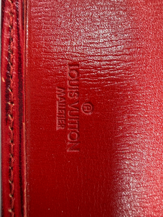 Just Added - Louis Vuitton Castilian Red Epi Leather Desk Agenda Cover Featuring Bi-Fold Design And Debossed LV Logo Motif 5.25'W X 9.75'H [Photo 7]