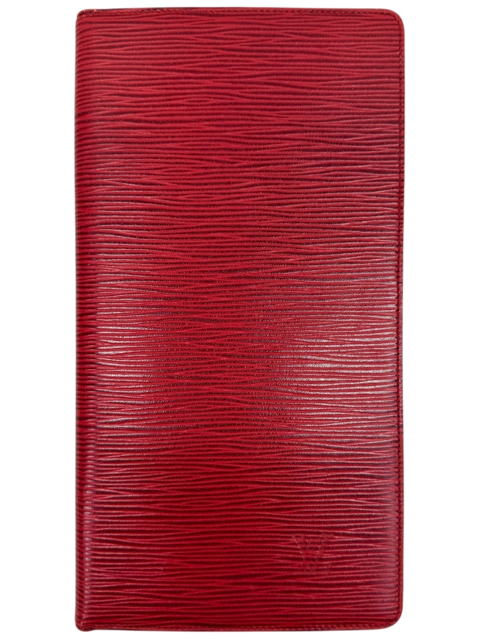 Just Added - Louis Vuitton Castilian Red Epi Leather Desk Agenda Cover Featuring Bi-Fold Design And Debossed LV Logo Motif 5.25'W X 9.75'H