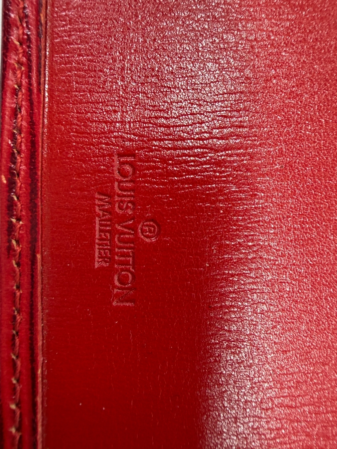 Just Added - Louis Vuitton Castilian Red Epi Leather Desk Agenda Cover Featuring Bi-Fold Design And Debossed LV Logo Motif 5.25'W X 9.75'H [Photo 6]