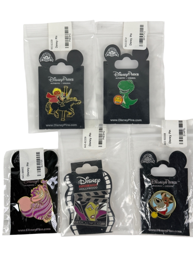 Lot Of (5) Authentic Disney Trading Pins Featuring Mr. Toad, Rex, Cheshire Cat, Maleficent, And Dodger In Original Packaging

