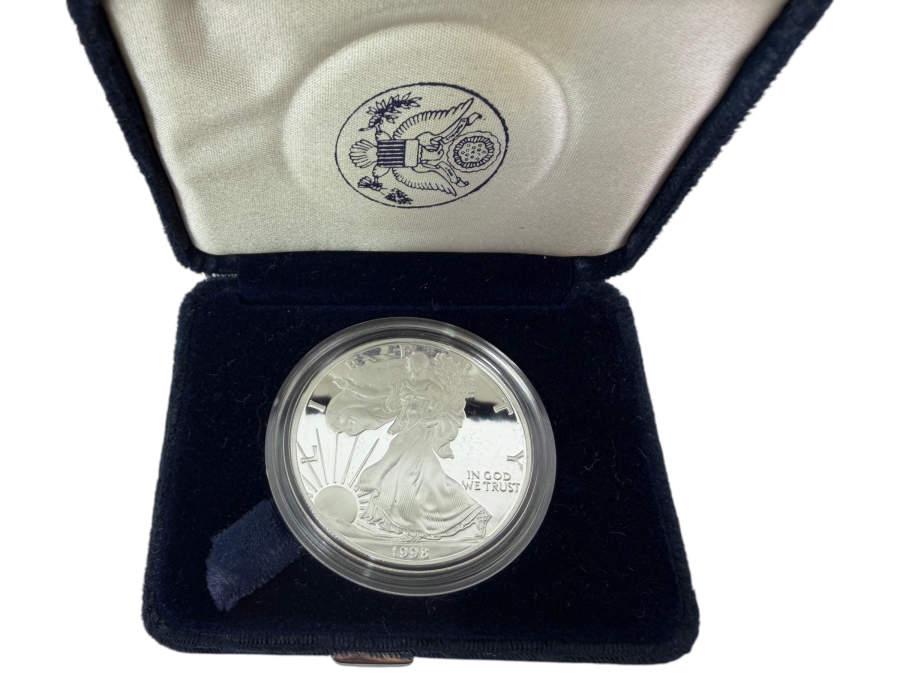 1998 United States American Silver Eagle One Ounce Fine Silver Proof Coin In Original Government Velvet Presentation Case And Protective Capsule
