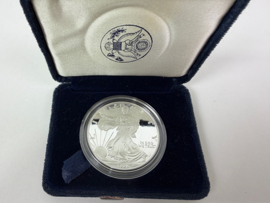 1998 United States American Silver Eagle One Ounce Fine Silver Proof Coin In Original Government Velvet Presentation Case And Protective Capsule
 [Photo 2]