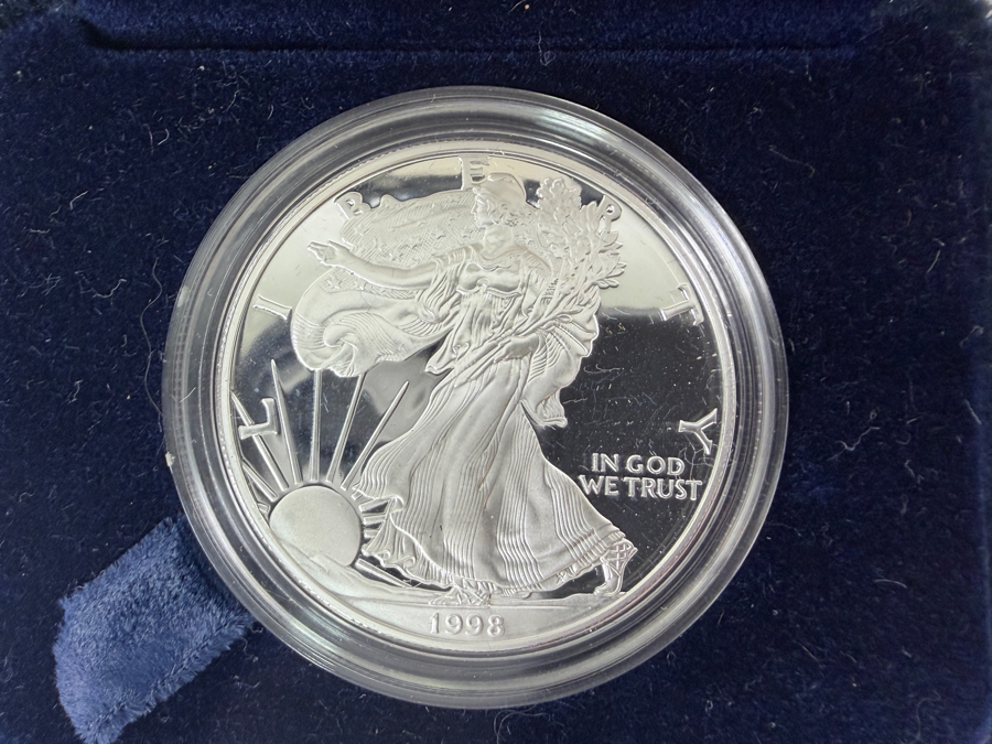 1998 United States American Silver Eagle One Ounce Fine Silver Proof Coin In Original Government Velvet Presentation Case And Protective Capsule
 [Photo 3]