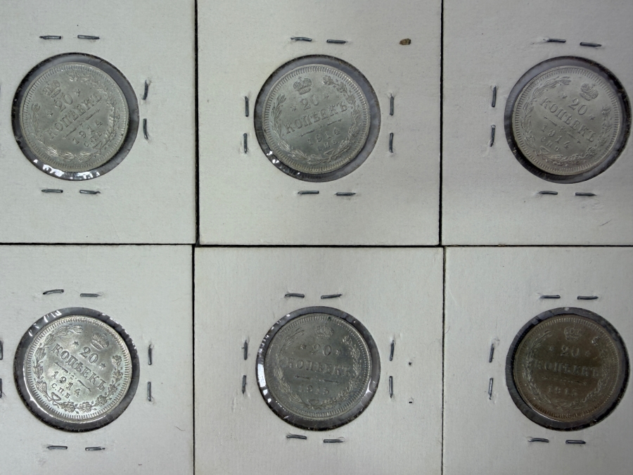 (4) 1914 Russian Empire 20 Kopeks Silver Coins (2) 1915 Russian Empire 20 Kopeks Silver Coins