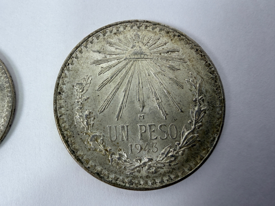 (2) Vintage Mexican Silver Coins: 1945 50 Centavos Silver Coin And 1943 1 Peso Silver Coin [Photo 2]