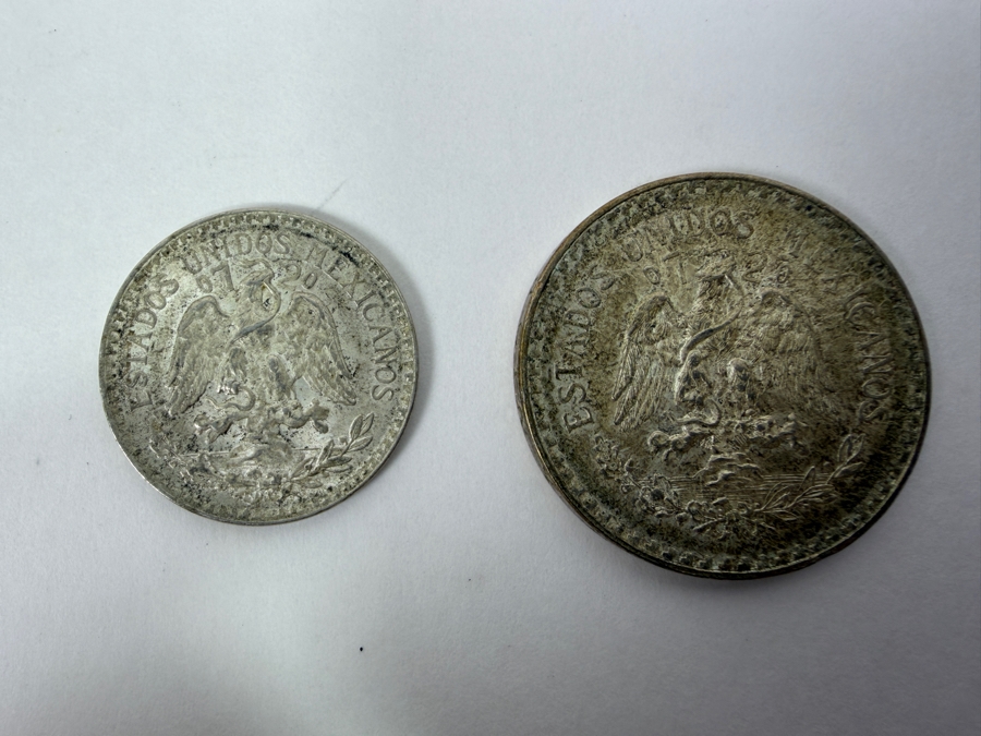 (2) Vintage Mexican Silver Coins: 1945 50 Centavos Silver Coin And 1943 1 Peso Silver Coin [Photo 4]
