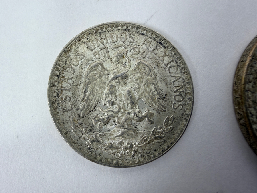 (2) Vintage Mexican Silver Coins: 1945 50 Centavos Silver Coin And 1943 1 Peso Silver Coin [Photo 6]
