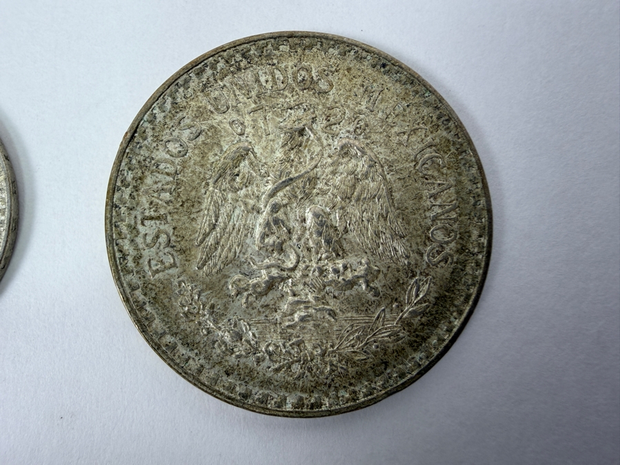 (2) Vintage Mexican Silver Coins: 1945 50 Centavos Silver Coin And 1943 1 Peso Silver Coin [Photo 5]