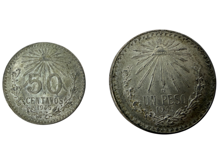 (2) Vintage Mexican Silver Coins: 1945 50 Centavos Silver Coin And 1943 1 Peso Silver Coin