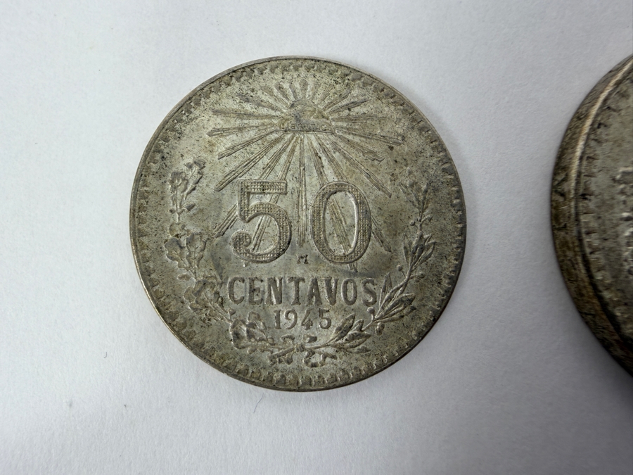 (2) Vintage Mexican Silver Coins: 1945 50 Centavos Silver Coin And 1943 1 Peso Silver Coin [Photo 3]