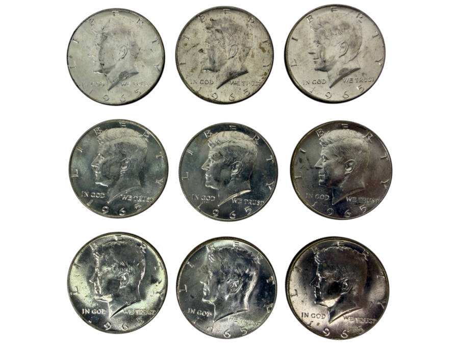 (9) Uncirculated 1965 US Kennedy Half Dollars
